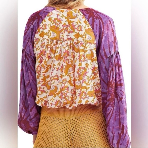 Free People Wrap Blouse in Orange and Yellow with Long Sleeves - Picture 3 of 14
